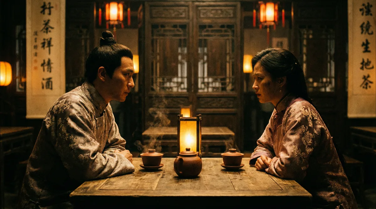 小马拉大车古装剧情片拍摄剧照-茶馆对话场景