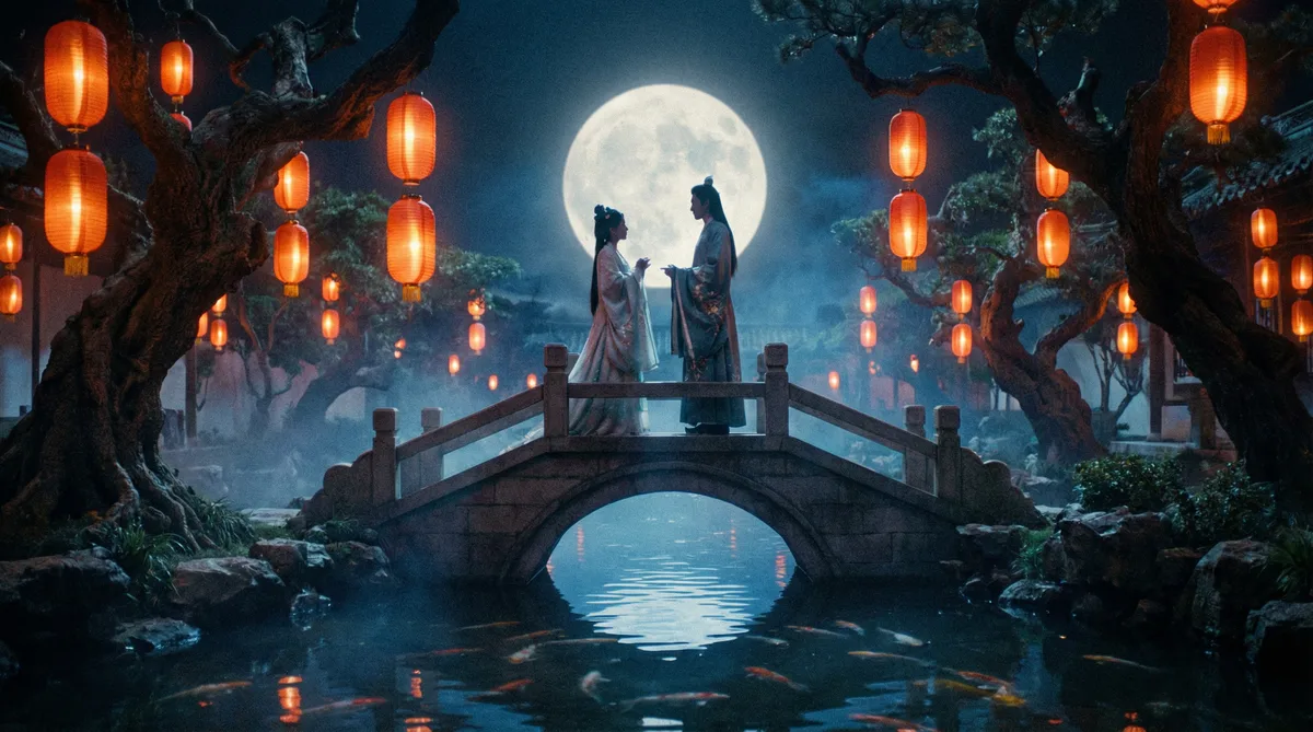 小马拉大车古典爱情片拍摄剧照-月下花园场景