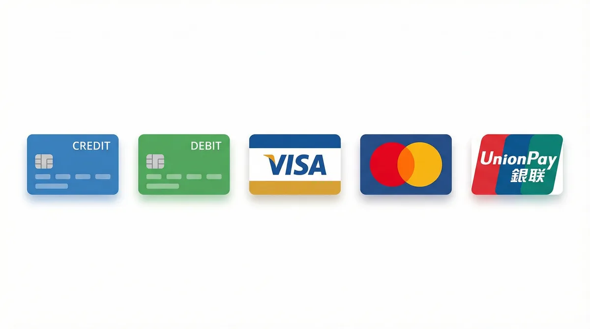 小马拉大车支持的支付方式图标-信用卡借记卡银联维萨万事达